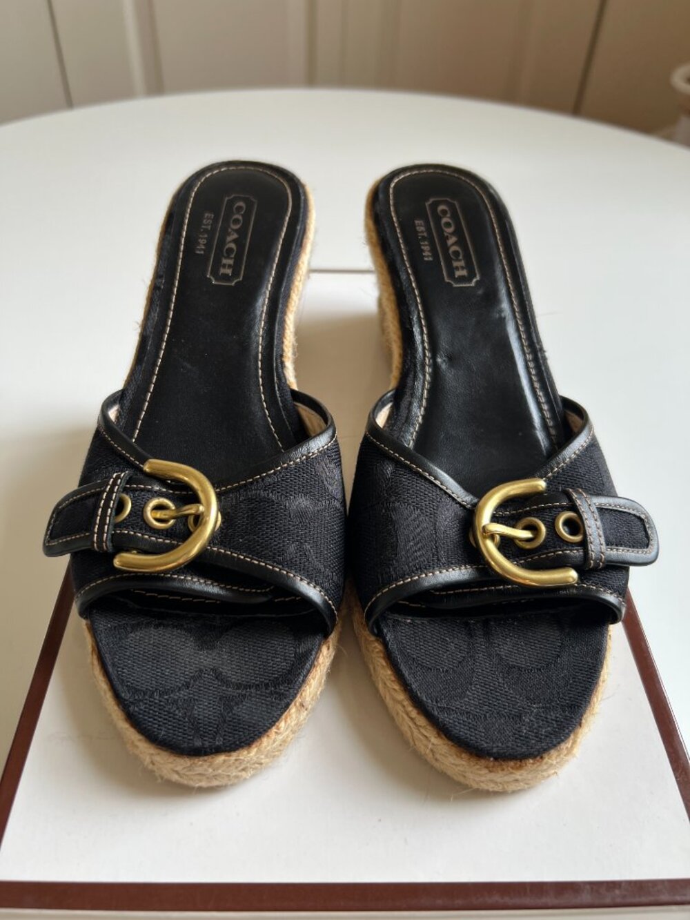 Coach black Korrin logo espadrilles/wedge heels. Sz 7, worn once, in box.